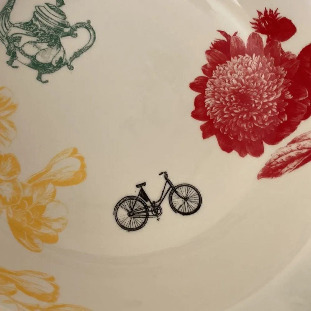 Anthropologie Large Serving Bowl White Floral Decorated Fleur 13”
